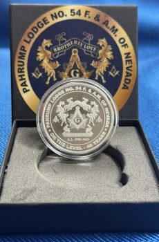 Pahrump Lodge anniversary silver coin — lodge emblem side in presentation box